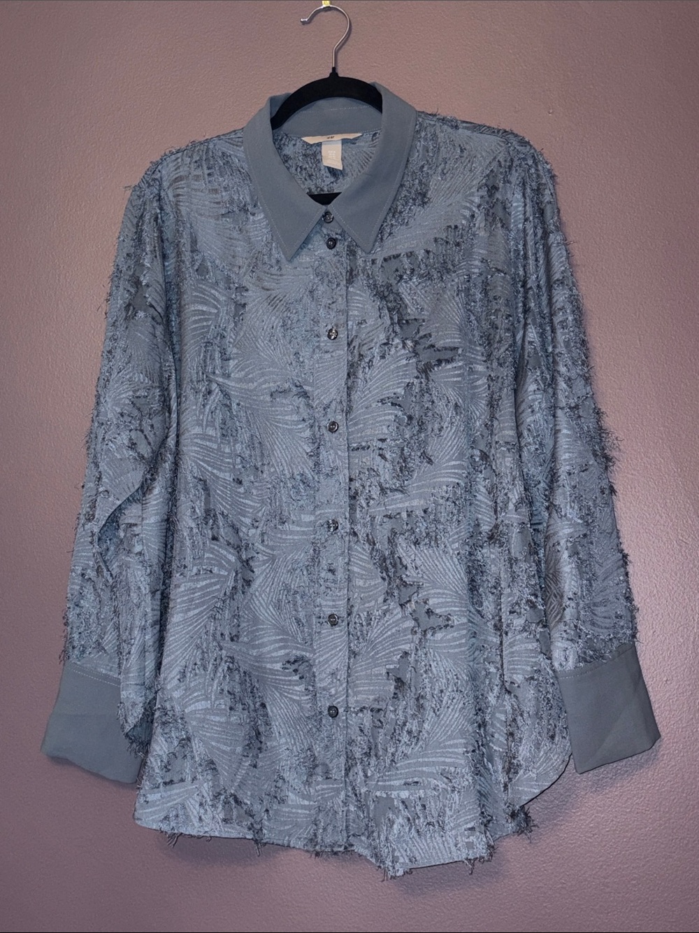 Womenβs XL Textured Grey Blue Long-Sleeve Button Shirt